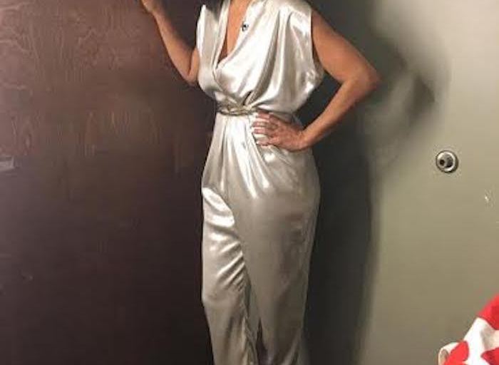 Splurge: Tracee Ellis Ross’s Instagram Zero + Maria Cornejo Silver Metallic Foil Effect Draped Cap Sleeve Jumpsuit