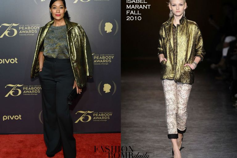 Splurge: Tracee Ellis Ross’s 75th Annual Peabody Awards Isabel Marant Fall 2010 Gold Brocade Jacket and Green Watson Woodland Crop Top