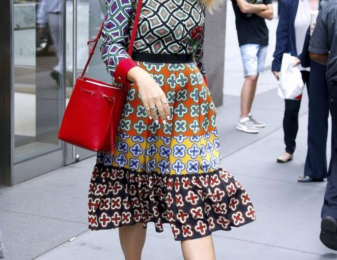 Splurge: Busy Philipp’s New York City Gucci Appliquéd Printed Silk Dress, Nicholas Kirkwood Mary Jane Pumps, and Mansur Gavriel Red Mini Bucket Shoulder Bag