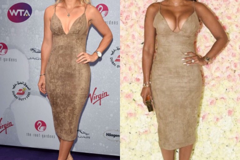 Who Wore It Better? Caroline Wozniacki vs. Melanie Brown in House of CB’s Vani Taupe Stretch Suedette Bralette Dress