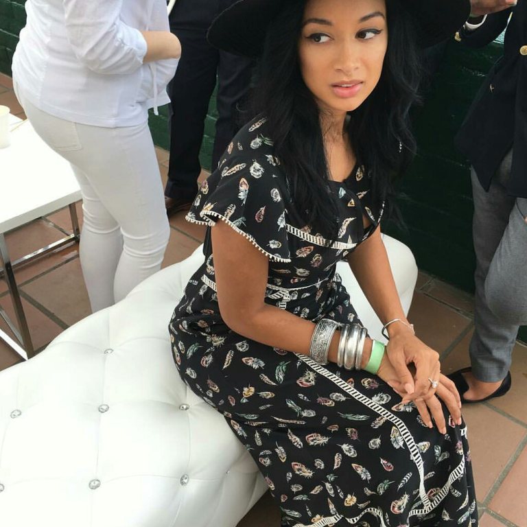 Splurge: Draya Michele’s Instagram The Kooples Feather Print Silk Maxi Dress and Textured Sun Bonnet