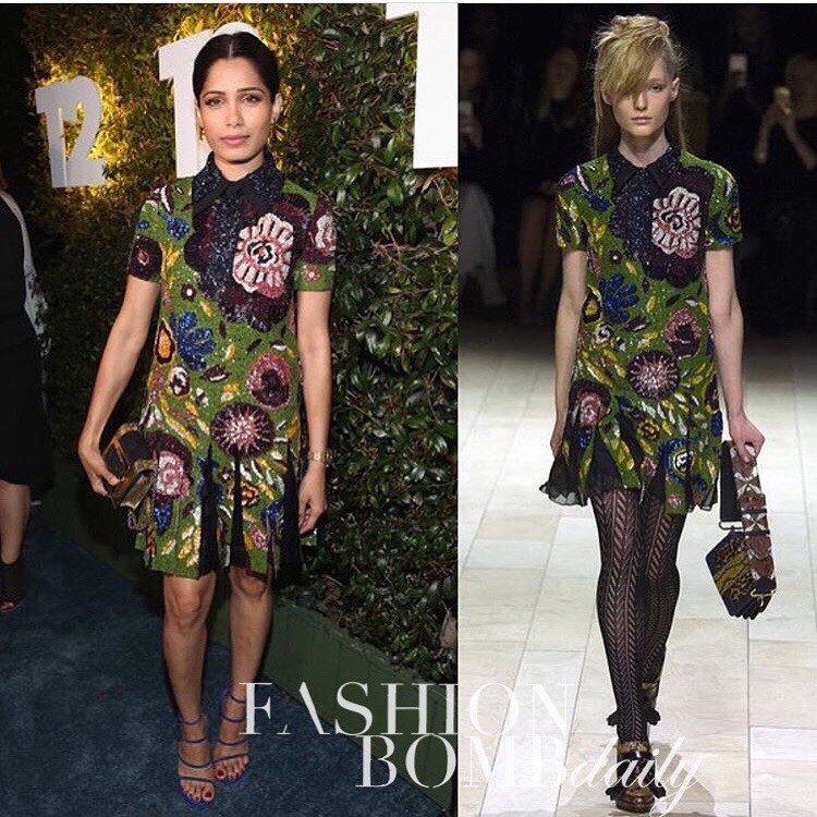 Hot! or Hmm: Freida Pinto’s E Kick-Off Party’s Burberry Fall 16 Green Brocade Dress
