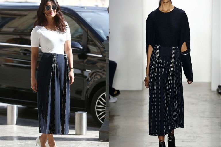 Hot! or Hmm… Priyanka Chopra’s Paris Dion Lee Fall 2016 Ink and Ivory Aperture Pleat Skirt