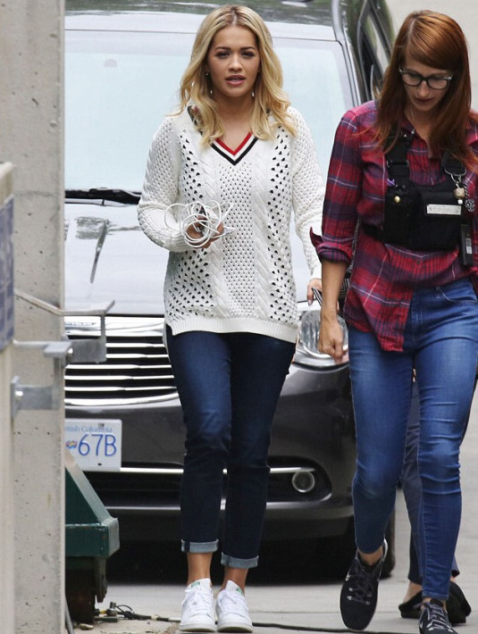 Steal: Rita Ora’s 50 Shades Darker Set Topshop Cream Open Stitch Contrast Stripe Varsity Cricket Sweater
