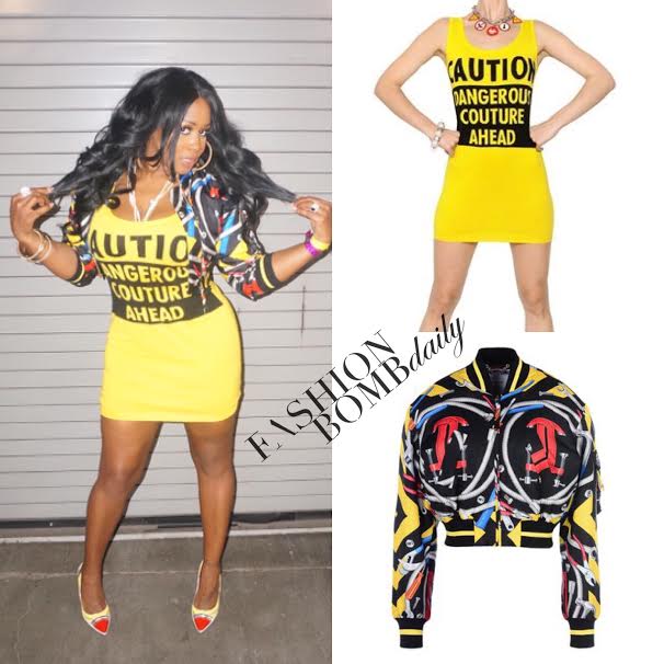 Splurge: Remy Ma’s Powerhouse Moschino S/S 2016 Caution Dress and Moschino Bomber Jacket