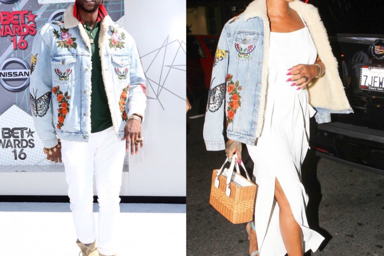 Who Wore It Better? 2 Chainz vs. Rihanna in Gucci Pre-Fall 2016 Embroidered Shearling Denim Jacket