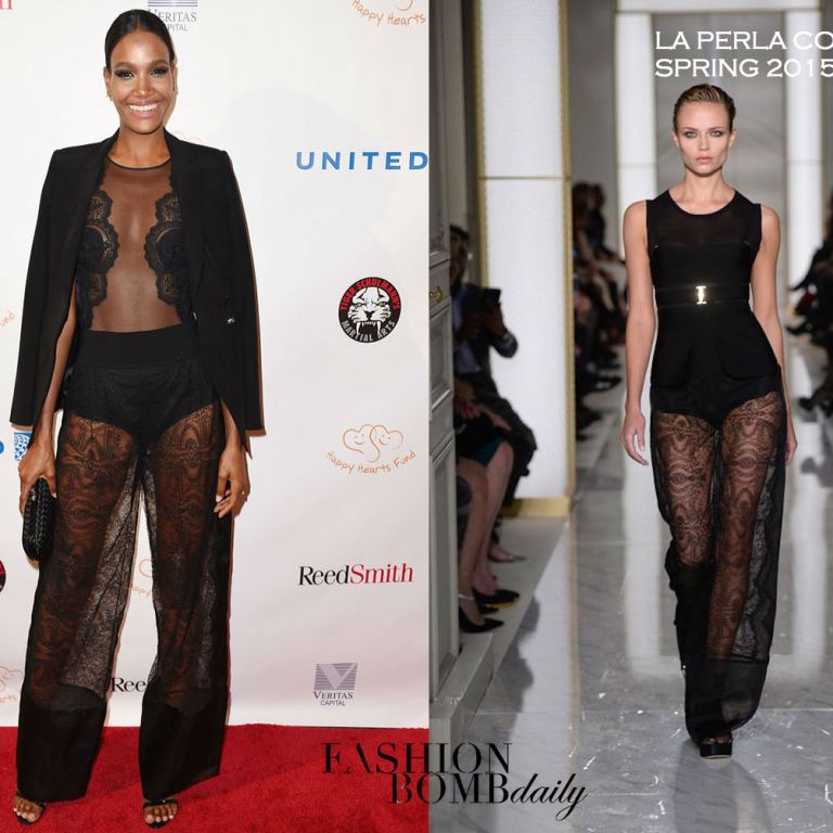 Hot! or Hmm… Arlenis Sosa’s Happy Hearts Fund Fight For Education Gala La Perla Couture Spring 2015 Black Sheer Embroidered Top and Black Sheer Lace Trousers