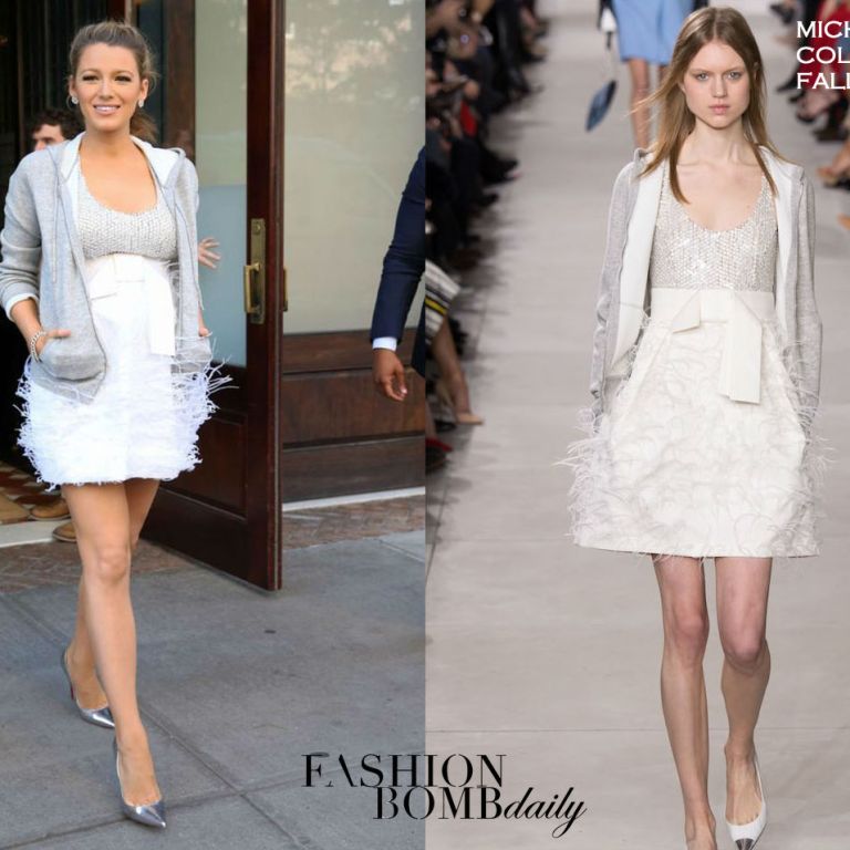Hot! or Hmm… Blake Lively’s New York City Michael Kors Collection Fall 2016 Grey Hoodie and Feather Embellished Dress