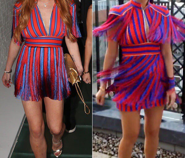 Who Wore It Better: Lindsay Lohan Vs. Kourtney Kardashian in Elisabetta Franchi’s Fall 2016 Red & Blue Fringe Mini Dress
