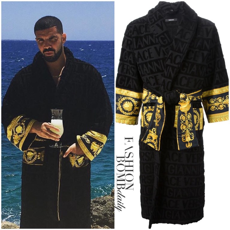 Men’s Fashion Flash: Drake’s Instagram Dominican Republic Versace Black Logo Print Gold Barocco Pattern Belted Bathrobe