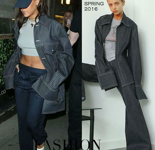 Hot! or Hmm… Rihanna’s Tape Nightclub Matthew Adams Dolan Spring 2016 Oversized Pinstripe Denim Jacket, Jacquemus Pinstripe Wool Trousers, and Chanel Pre-Fall 2016 Pearl Heel Cap Toe Mules