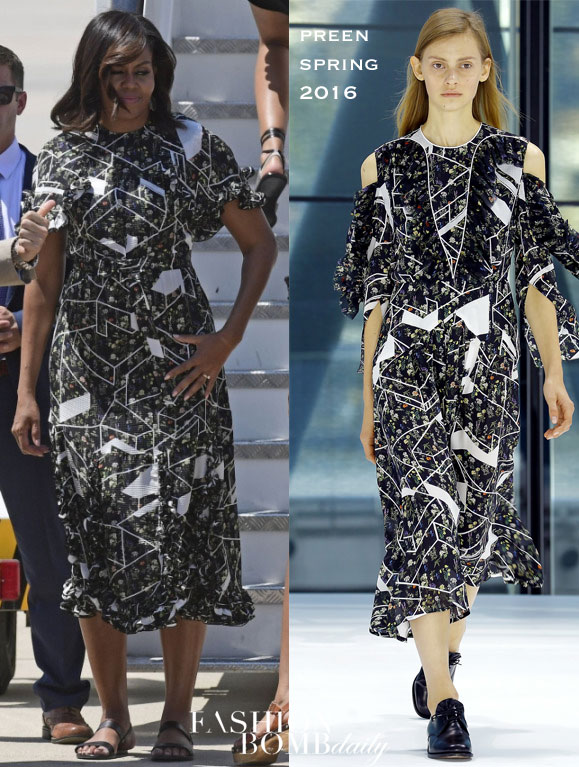 Hot! or Hmm…: First Lady Michelle Obama’s Madrid Preen Spring 2016 Black and White Printed Boyer Dress