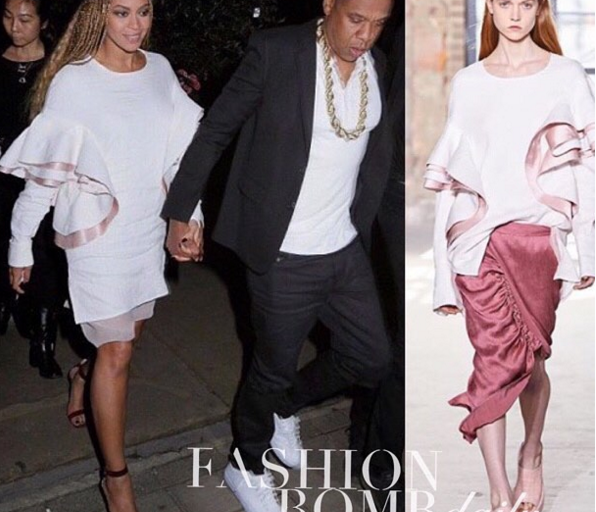 Found: Beyonce’s London Sies Marjan Pink Fall 2016 Ruffle Cady Top and Gianvito Rossi Portofino Sandals