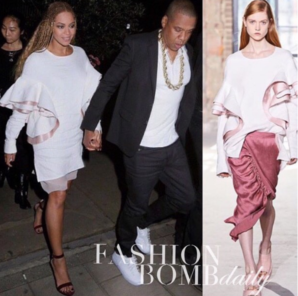 Found: Beyonce’s London Sies Marjan Pink Fall 2016 Ruffle Cady Top and Gianvito Rossi Portofino Sandals