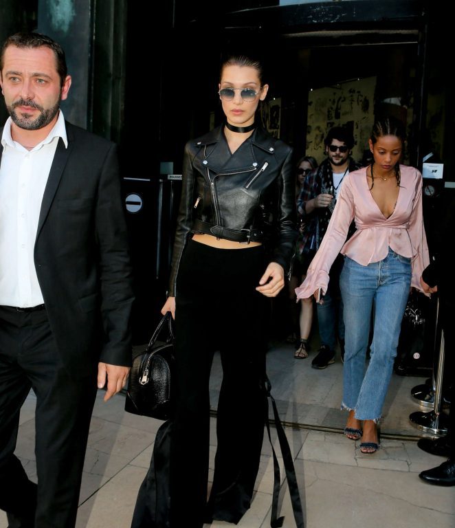 Splurge: Bella Hadid’s Alexandre Vauthier Fall 2016 Couture Fashion Show Vintage Jean Paul Gaultier Black Leather Les Poupees Cropped Biker Jacket and Givenchy Black Satin Tuxedo Stripe Wide Leg Pants
