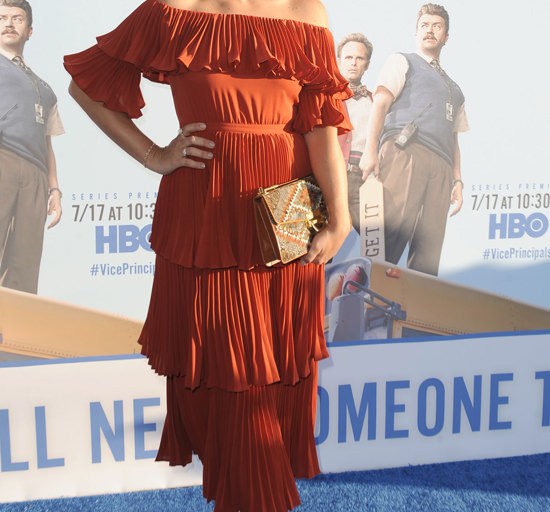 Splurge: Busy Philipps Vice Principals Premiere Self Portrait Off the Shoulder Flounce Dress