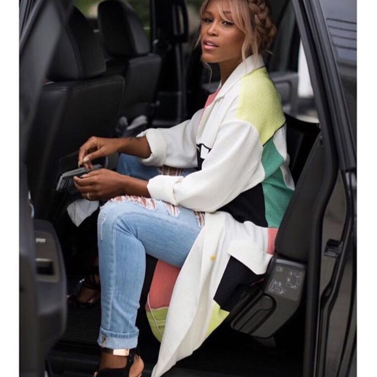 Wardrobe Query: Eve’s Edeline Lee Colorblock Duster Coat and Sophia Webster Yasmina Pom Pom Suede Cage Sandals