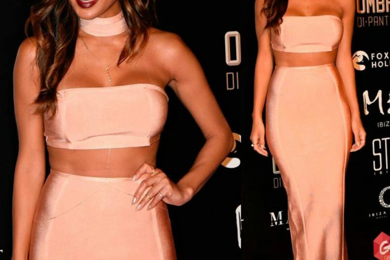 Splurge: Nicole Scherzinger’s Ibiza Global Gift Gala House of CB ‘Alya’ Blush Bandage Skirt, Bustier and Collar Set