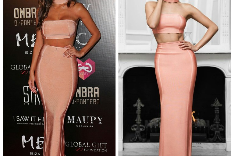 Who Wore It Better? Nicole Scherzinger vs. Micah Gianneli in House of CB’s ‘Alya’ Blush Bandage Skirt, Bustier and Collar Set