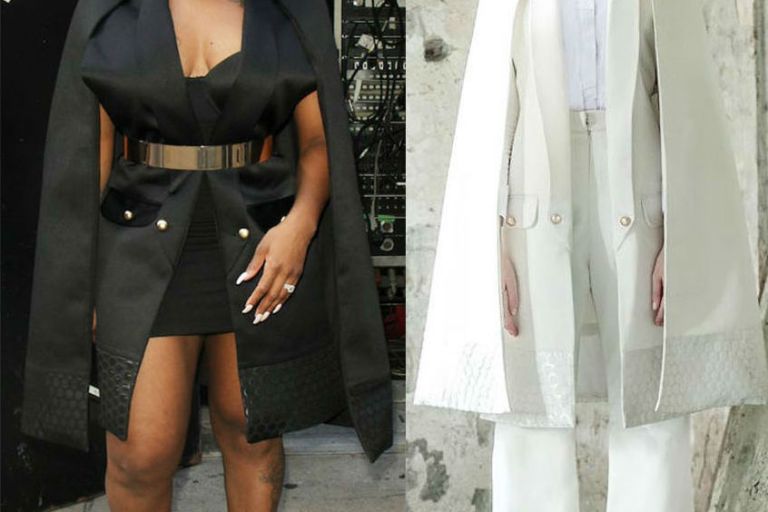 Hot! or Hmm… Fantasia’s ABC Studios LOTUZ Fall 2016 Black Honeycomb Trim Cape and Tom Ford Gold Metallic Ankle Lock Sandals