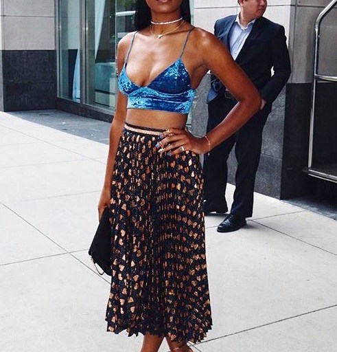 Splurge: Keke Palmer’s Instagram Gucci Heart Print Black And Bronze Pleated Midi Skirt