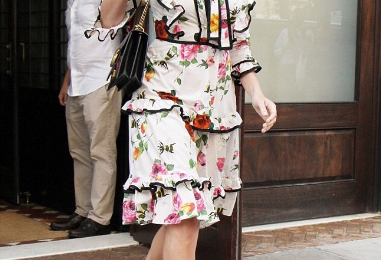 Get The Look: Margot Robbie’s New York City Gucci Rose Print Ribbon Bow Neckline Poplin Mid Length Dress and Black Leather Studded Platform Pumps