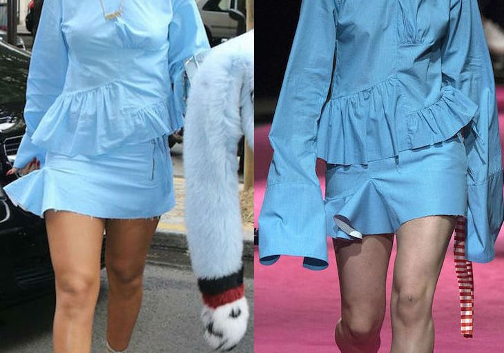 Hot! or Hmm… Rihanna’s Paris Fendi Fall 2016 Fur Stole, Marques Almeida Fall 2016 Denim Ruffle Top, Raw Edge Mini Skirt, and DSquared2 Silver Riri Sandals