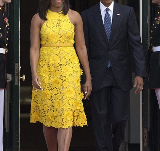 First Lady Michelle Obama Wears Yellow Naeem Khan Floral Embroidered Dress to Welcome Singapore Prime Minister Lee Hsien Loong To The White House