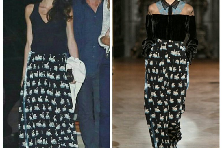 Hot! Or Hmm…: Amal Clooney’s Stella McCartney Fall 2016 Swan Print Satin Trimmed Pants