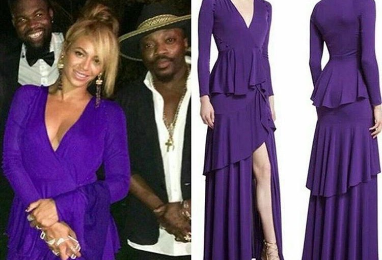 Splurge: Beyoncé Attends Lyor Cohen’s Hamptons Wedding in Roberto Cavalli Violet Long-Sleeved Tiered Ruffle Jersey Gown