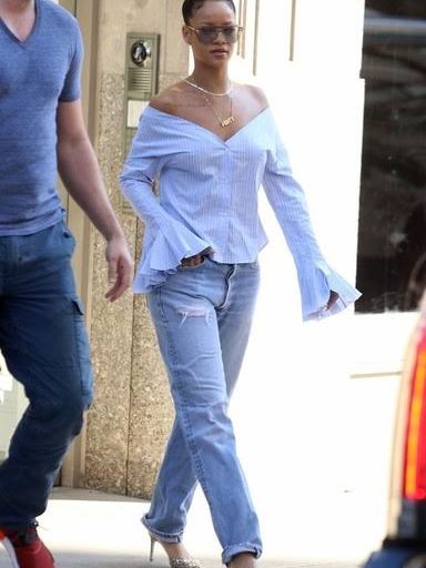 Splurge: Rihanna’s NYC VMA Rehearsal Jacquemus Striped Off the Shoulder Top and Rene Caovilla Embellished Sling Back Pumps