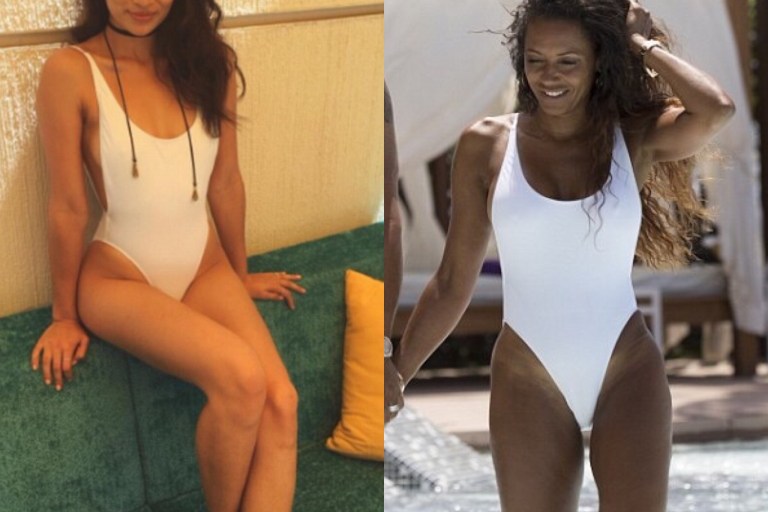 Who Wore It Better?: Shanina Shaik vs Mel B in American Apparel Nylon Tricot High-Cut White One-Piece