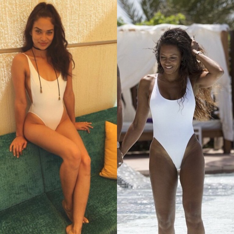 Who Wore It Better?: Shanina Shaik vs Mel B in American Apparel Nylon Tricot High-Cut White One-Piece