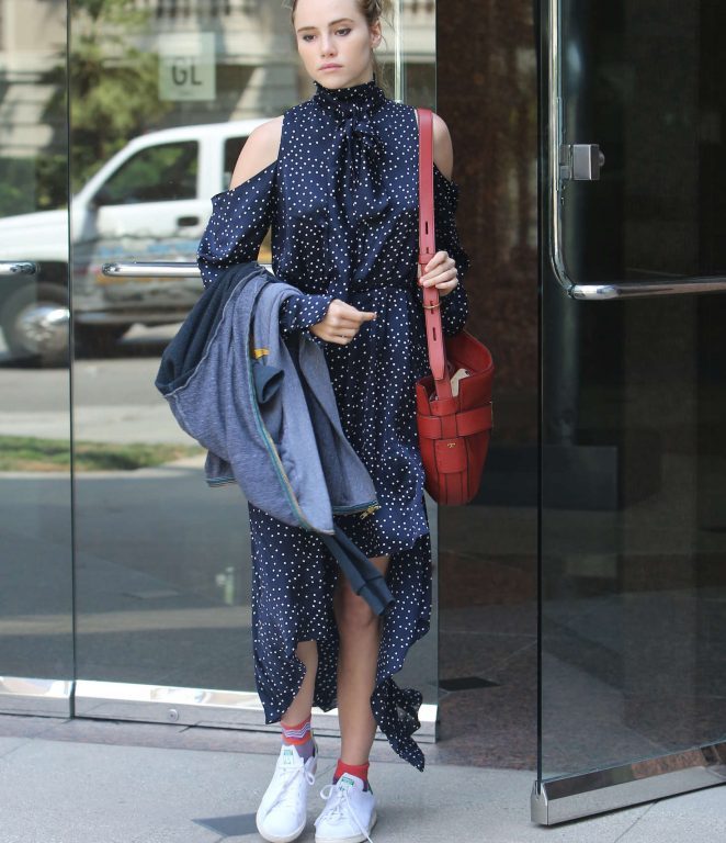 Splurge: Suki Waterhouse’s Los Angeles Magda Butrym Rennes Polka Dot Silk Satin Dress