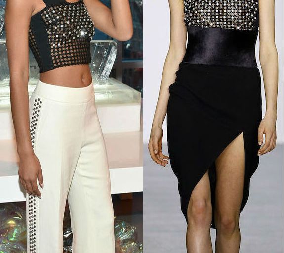 Hot! or Hmm… Chanel Iman’s W Dubai Opening Party David Koma Fall 2016 Asymmetric Embellished Crop Top and White High Waist Embellished Trousers