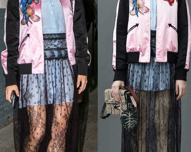 Hot! or Hmm… Diane Kruger’s AOL Build Valentino Resort 2017 Pink and Black Embroidered Bomber, Blue Striped Button Front Tunic, and Sheer Black Lace Midi Skirt