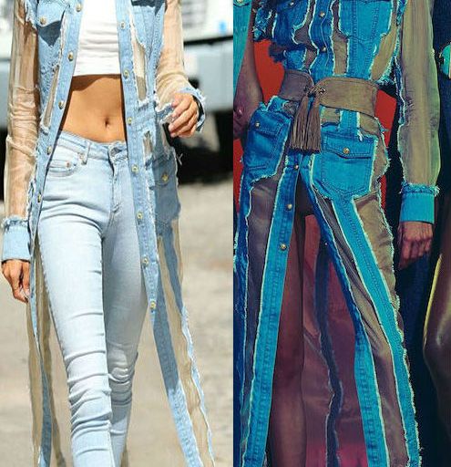 Hot! or Hmm… Hailey Baldwin’s New York City Quay High and Dry Sunglasses, Balmain Resort 2017 Long Sheer Panel Denim Jacket, and Monika Chiang Carla Sandals