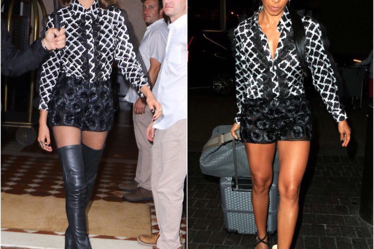 Who Wore It Better? Cara Delevingne vs. Jada Pinkett Smith in Emanuel Ungaro’s Spring 2016 Black and White Mesh Detail Long Sleeve Printed Shirt And Floral Motif Shorts