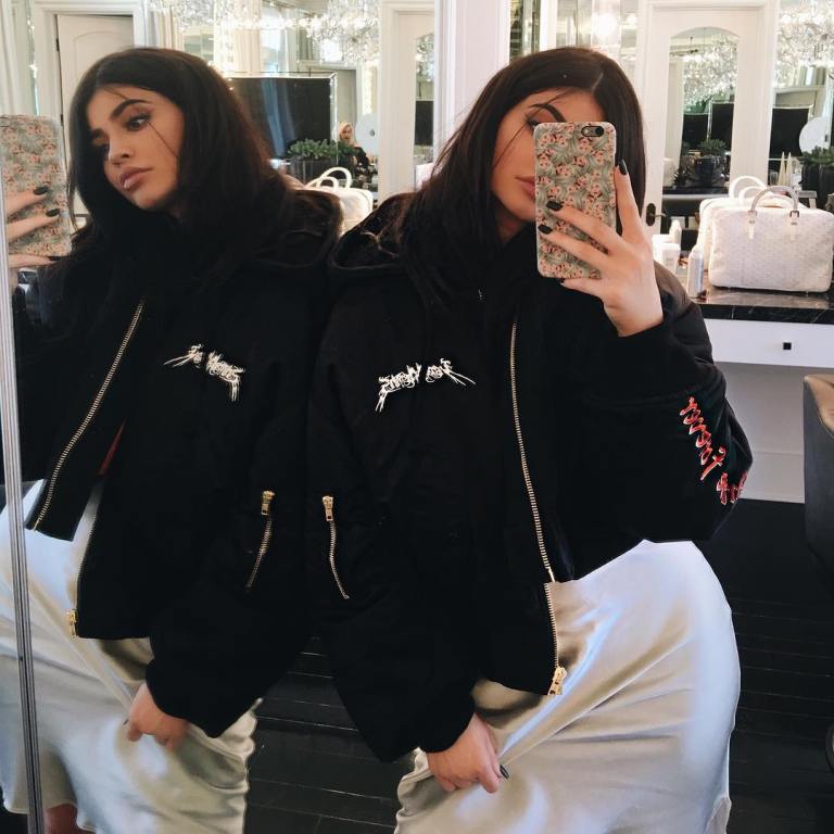 Splurge: Kylie Jenner’s Instagram Vetements Total Darkness Embroidered Bomber Jacket