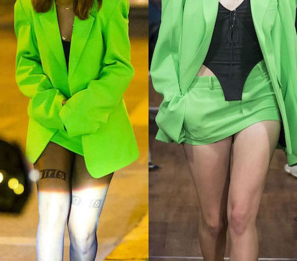 Hot! or Hmm… Rihanna’s Berlin Vetements Spring 2016 Neon Green Blazer, Miniskirt, and Alexander Wang Fall 2016 Black Girls Sheer Hosiery