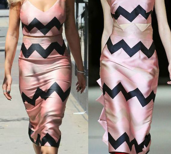 Hot! or Hmm… Rita Ora’s New York City The Coat by Katya Silchenko Fall 2016 Pink and Black Zigzag Crop Top and Pencil Skirt