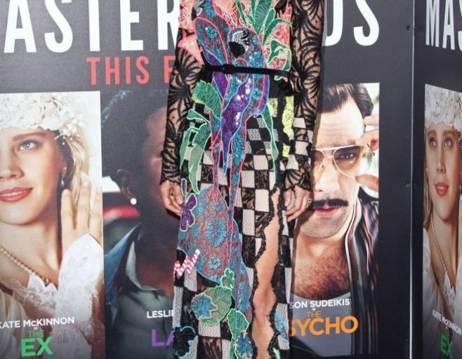 Hot! Or Hmm…: Kristen Wiig’s <em> Masterminds </em> Los Angeles Premiere Marc Jacobs Fall 2017 Sequin Patchwork Thigh High Slit Long Sleeve Gown