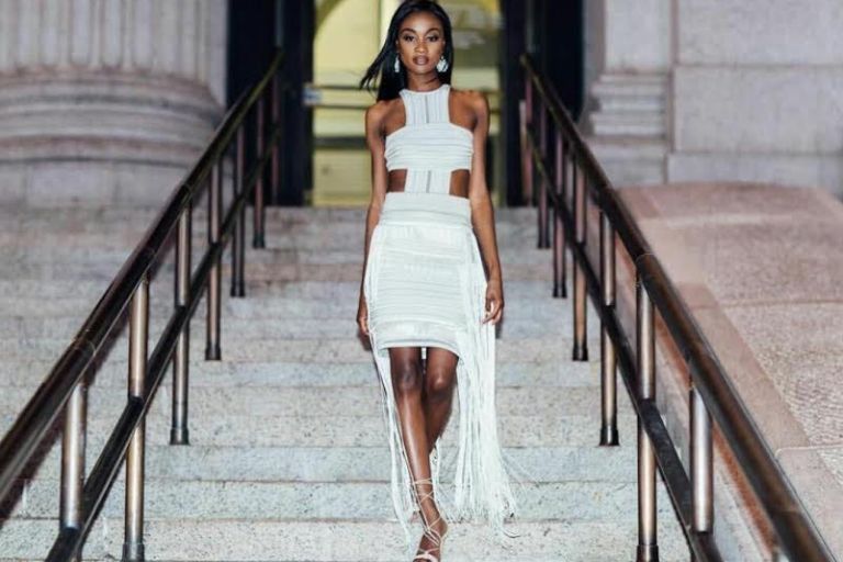 Hot! Or Hmm…: Miss USA 2016 DeShauna Barber’s New York Fashion Week RVNNYC Spring 2016 Fringed Cutout Cream Halterneck Dress
