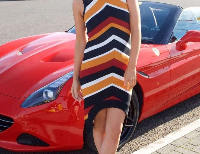 Steal: Mollie King’s Ferrari California T Experience Day River Island Striped Curved Hem Dress