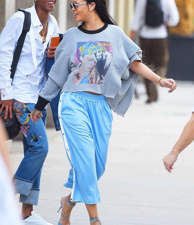 Splurge: Rihanna’s New York City Maison Margiela Wool and Cotton Graphic Sweatshirt, Blue Wide Leg Crop Pants, and RihannaxManolo Sea Salt Sequin Pumps