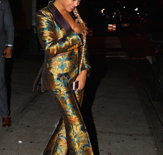 Beyonce Wears a Custom Shannon Sense Suit and $825 Prada Velvet Platform Criss Cross Sandals At Tidal 1015 Concert