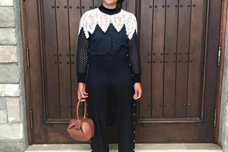 Steal: Faith Haslem’s Instagram $100 Zara Navy Blue Gold Side Button Trousers