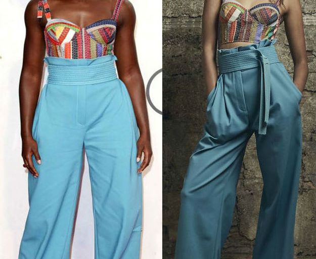 Hot! or Hmm… Lupita Nyong’o’s <em>Queen of Katwe</em> London Premiere Rosie Assoulin Resort 2017 Multicolor Bustier and High-Waist Blue Wide Leg Trousers