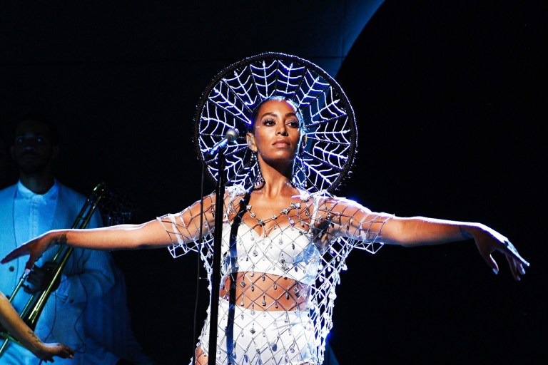 Solange Knowles Performs on Saturday Night Live in Erickson Beamon Custom Crystal Dress and La Perla Silk Bra and Briefs