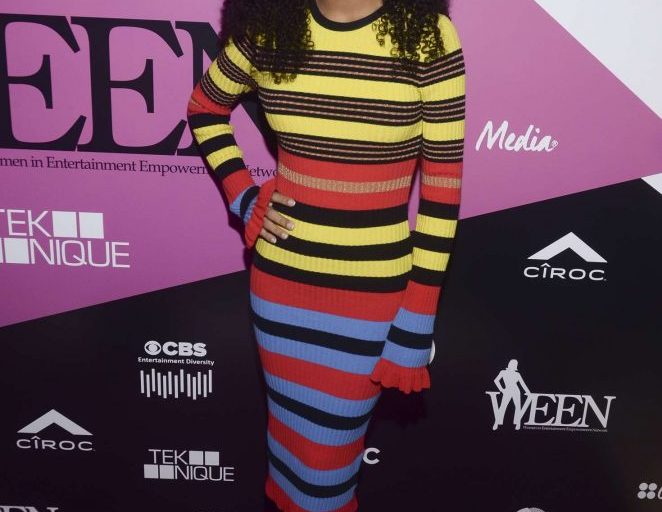 Splurge: Yara Shahidi’s 6th Annual WEEN Awards $475 Opening Ceremony Striped Ribbed Knit Midi Dress